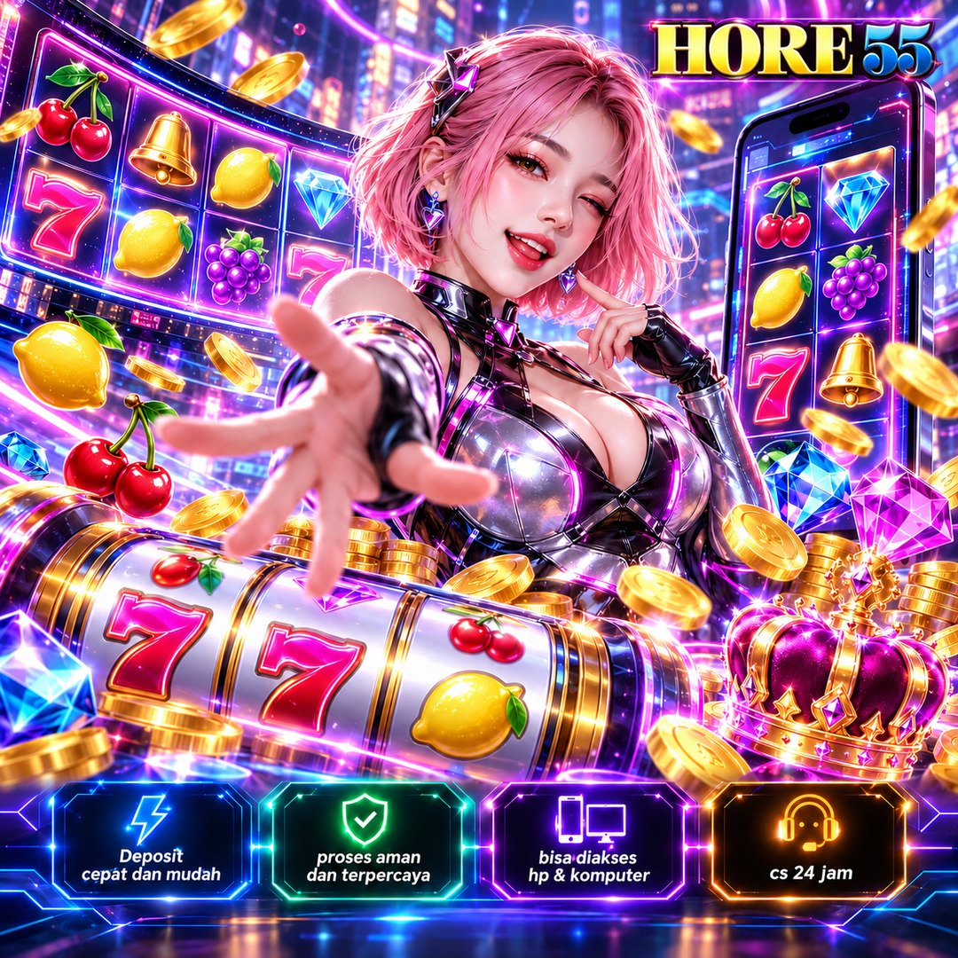 HORE55: ilustrasi neon ungu dengan karakter dan simbol game